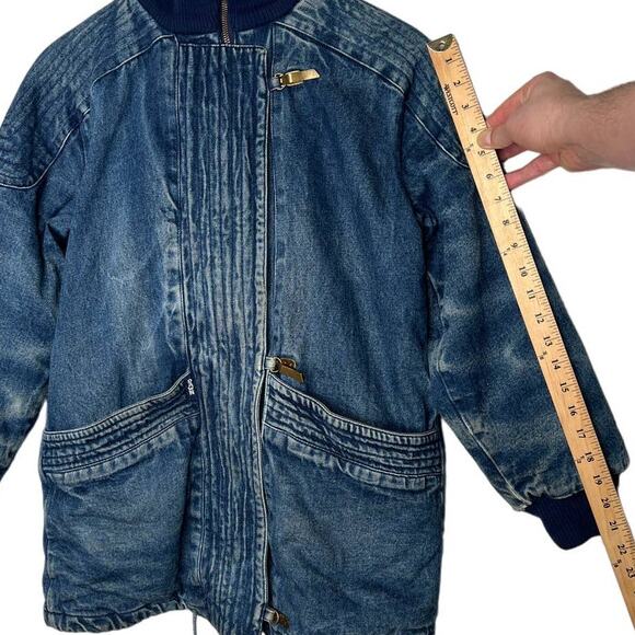 Free People Vintage 90s S Denim Chore Coat Oversized Hooded Long Jean Jacket Y2K - Picture 8 of 11